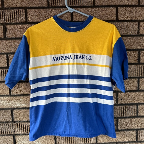 Y2K Arizona Jean Co. Striped Colorblock Tee Yellow Blue White Size Large - Picture 1 of 5